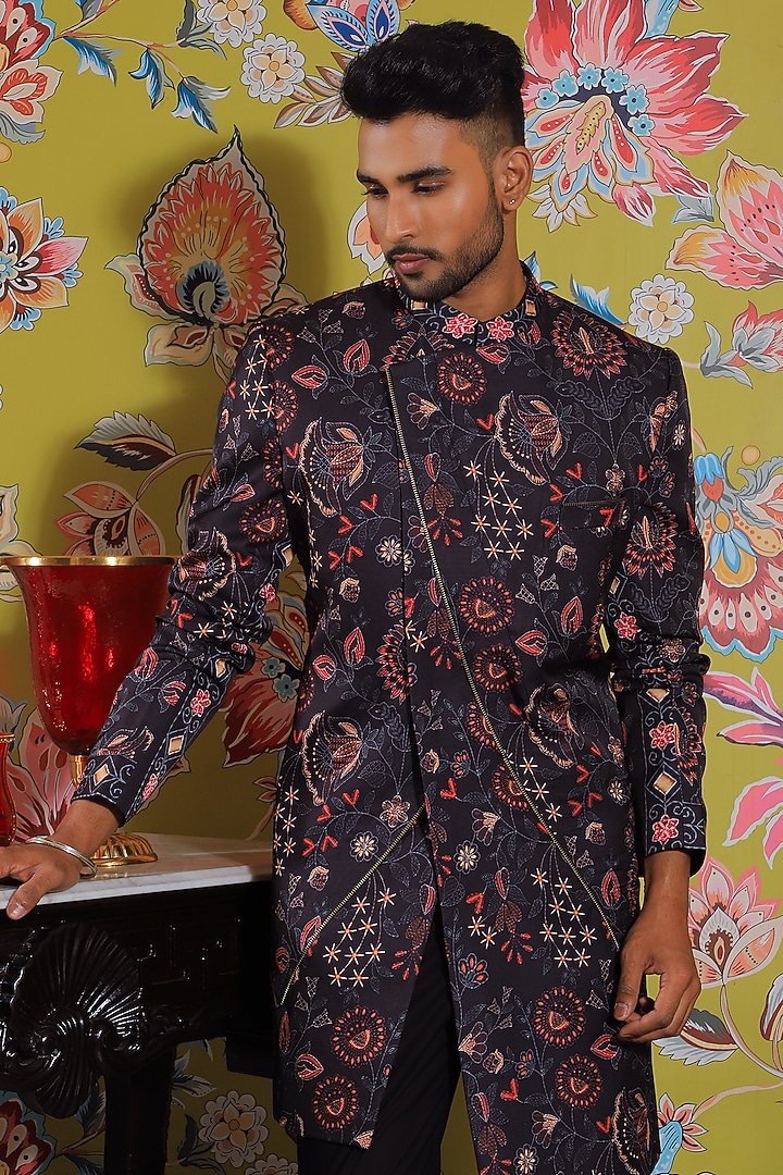 Black Silk Printed Paneled Indo-Western Set by YAJY By Aditya Jain at Pernia's Pop Up Shop
