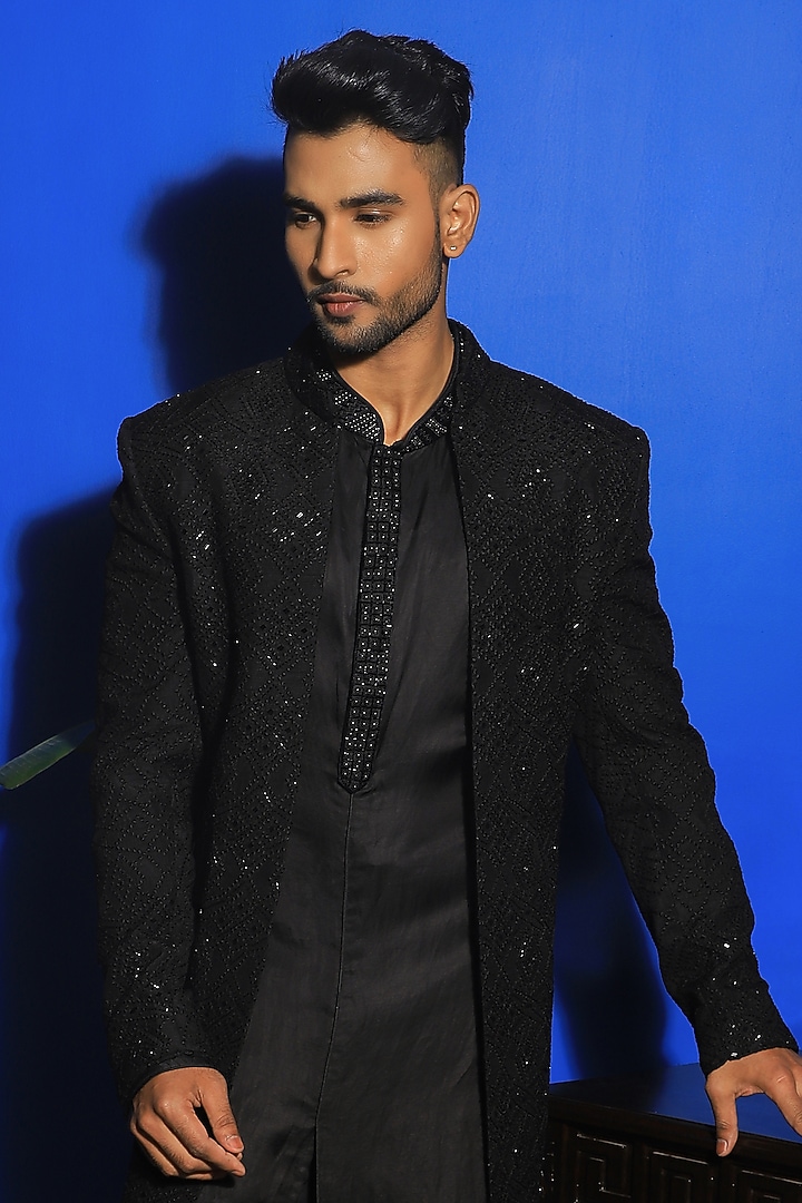 Black Silk & Stretch Cotton Open Indo-Western Set by YAJY By Aditya Jain at Pernia's Pop Up Shop