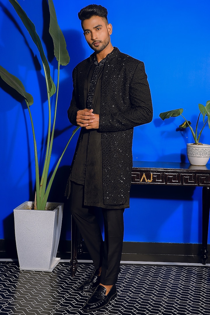 Black Silk & Stretch Cotton Open Indo-Western Set by YAJY By Aditya Jain at Pernia's Pop Up Shop