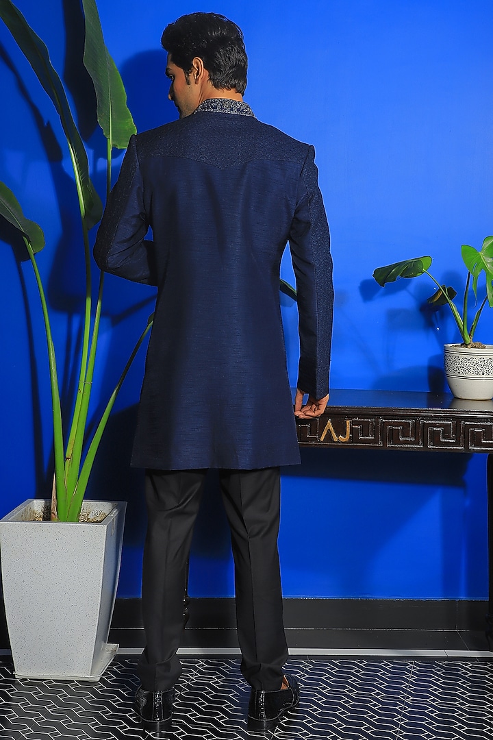 Prussian Blue Silk & Stretch Cotton Indo-Western Set by YAJY By Aditya Jain at Pernia's Pop Up Shop