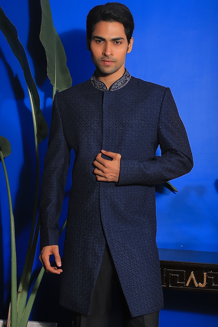 Prussian Blue Silk & Stretch Cotton Indo-Western Set by YAJY By Aditya Jain at Pernia's Pop Up Shop