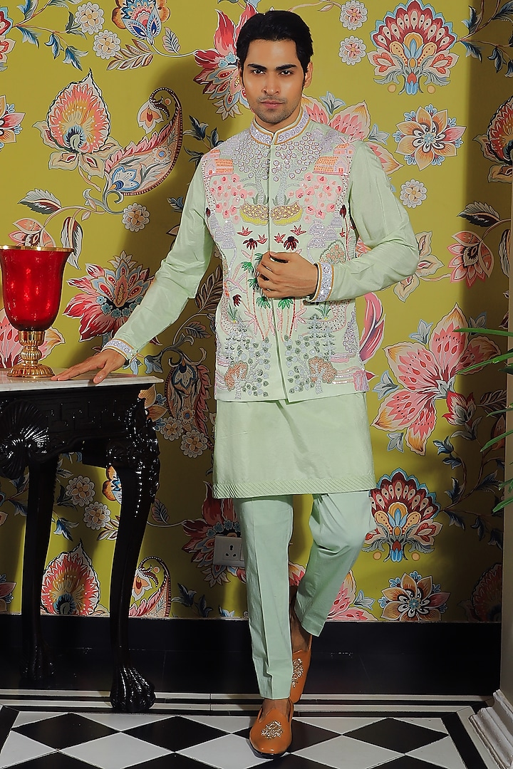 Mint Green Silk & Stretch Cotton Nehru Jacket Set by YAJY By Aditya Jain at Pernia's Pop Up Shop