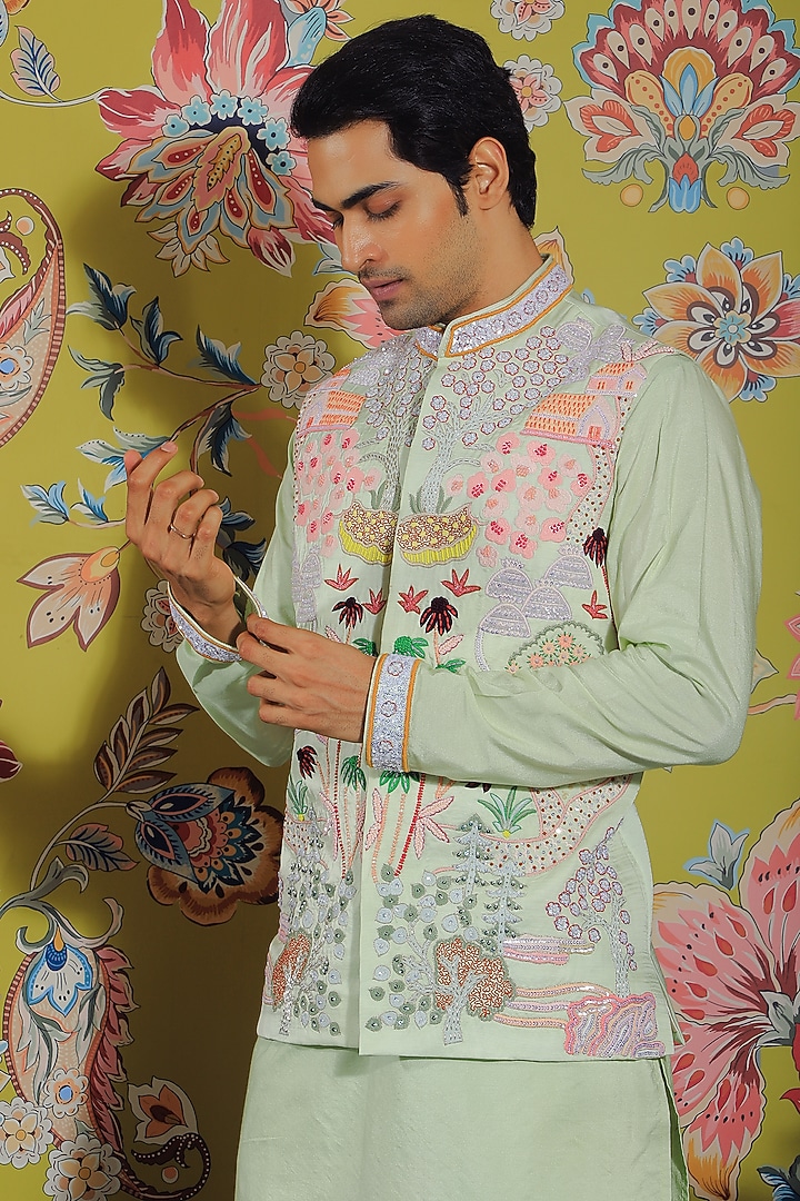 Mint Green Silk & Stretch Cotton Nehru Jacket Set by YAJY By Aditya Jain at Pernia's Pop Up Shop