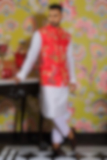 Orange Line Satin & Stretch Cotton Nehru Jacket Set by YAJY By Aditya Jain