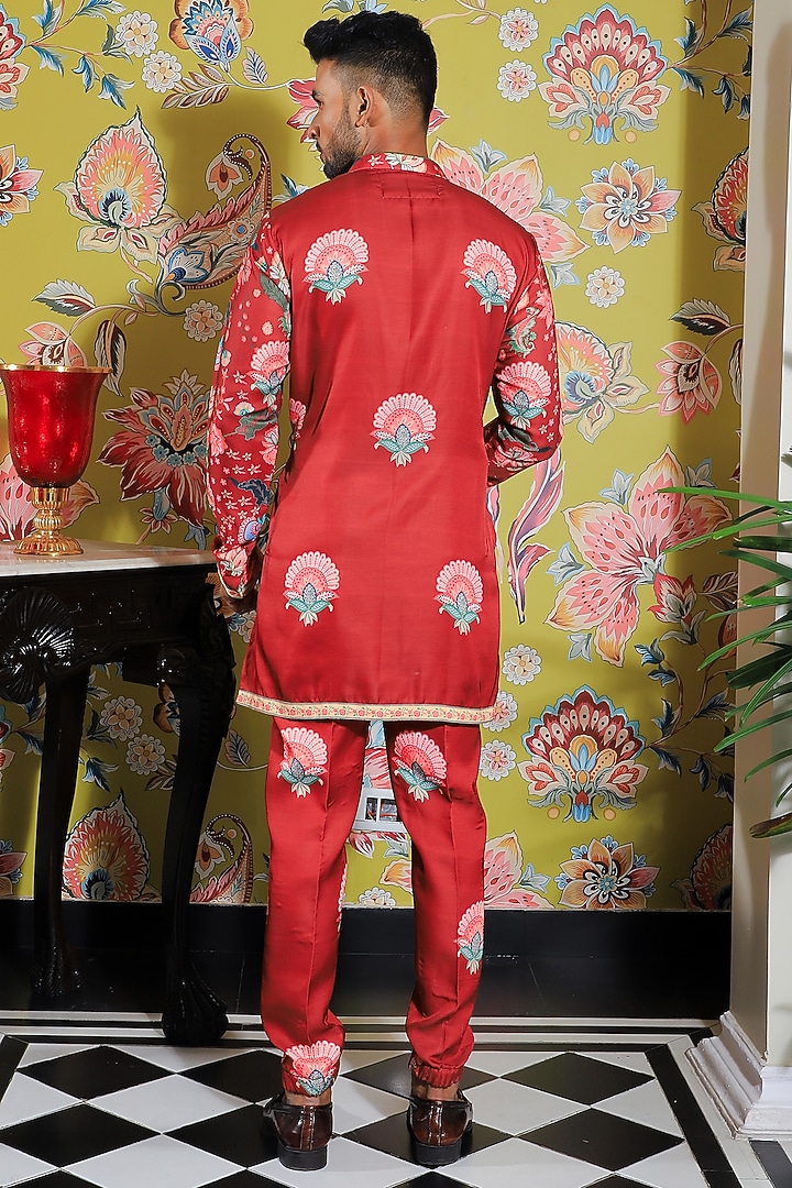 Dark Amber Silk & Stretch Cotton Printed Nehru Jacket Set by YAJY By Aditya Jain at Pernia's Pop Up Shop