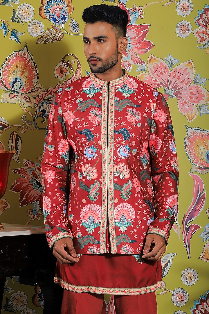 Dark Amber Silk & Stretch Cotton Printed Nehru Jacket Set by YAJY By Aditya Jain at Pernia's Pop Up Shop