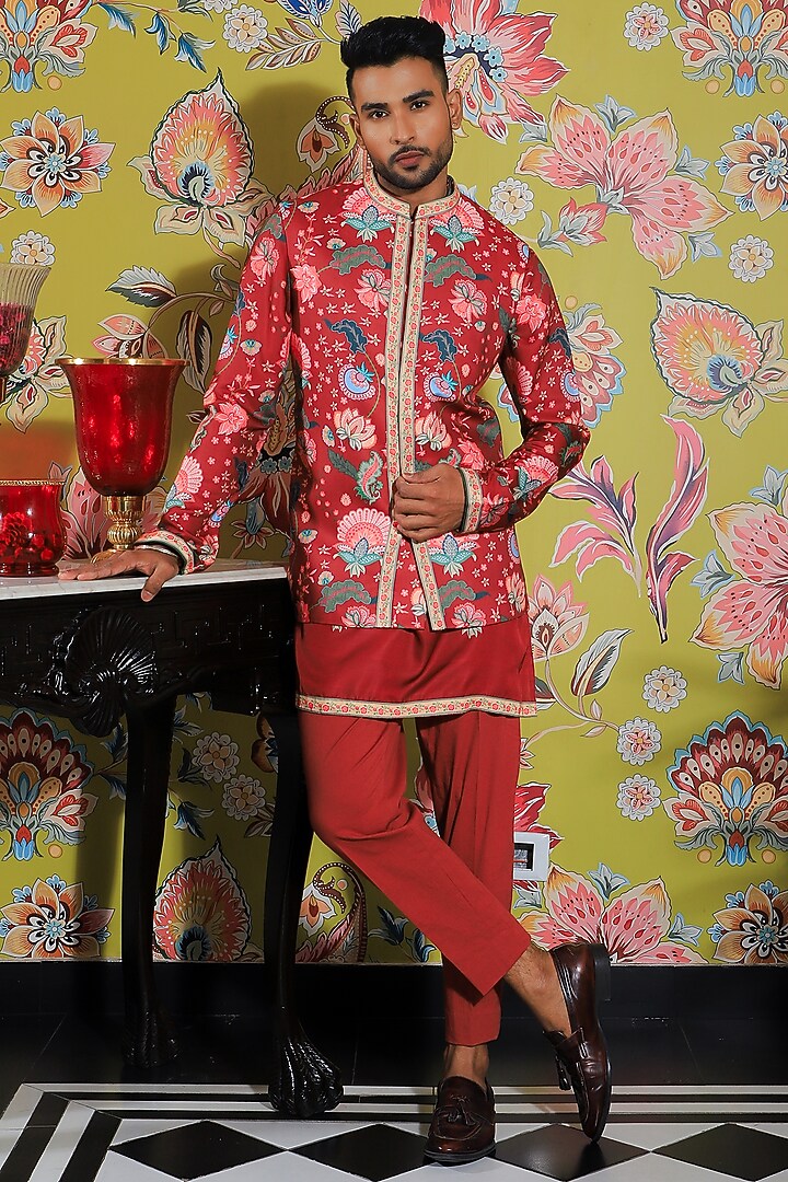 Dark Amber Silk & Stretch Cotton Printed Nehru Jacket Set by YAJY By Aditya Jain at Pernia's Pop Up Shop