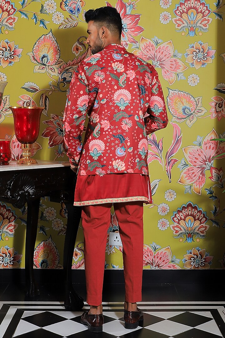 Dark Amber Silk & Stretch Cotton Printed Nehru Jacket Set by YAJY By Aditya Jain at Pernia's Pop Up Shop
