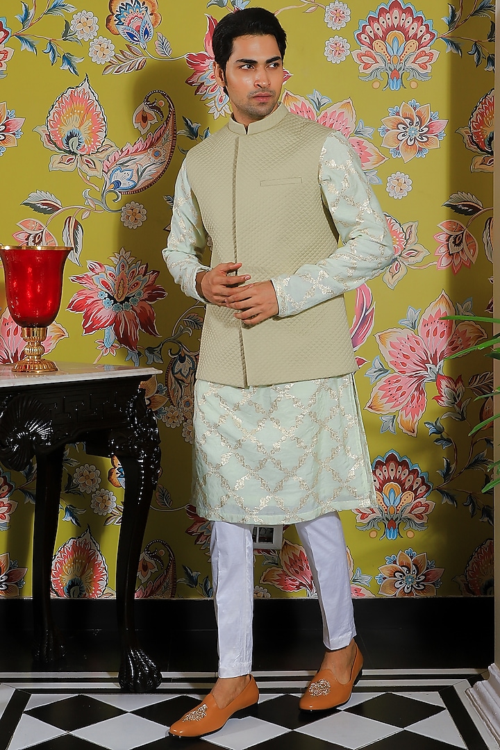 Mint Green Silk & Stretch Cotton Quilted Nehru Jacket Set by YAJY By Aditya Jain