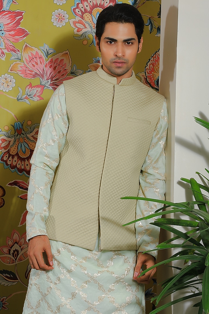 Mint Green Silk & Stretch Cotton Quilted Nehru Jacket Set by YAJY By Aditya Jain at Pernia's Pop Up Shop