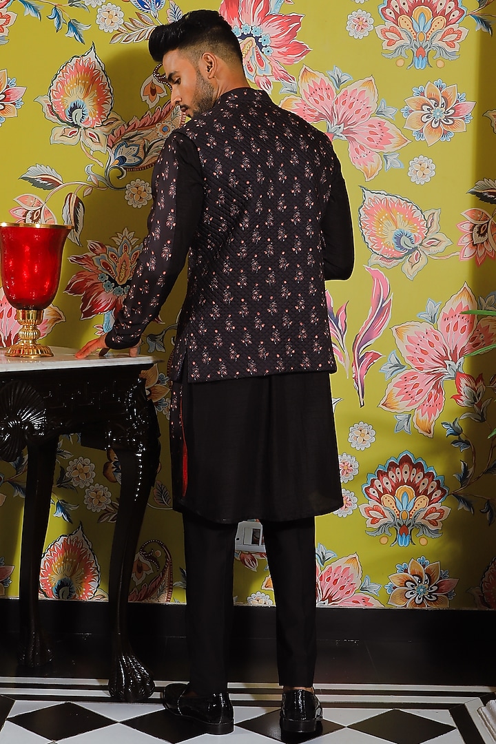 Black Silk & Stretch Cotton Printed Nehru Jacket Set by YAJY By Aditya Jain at Pernia's Pop Up Shop