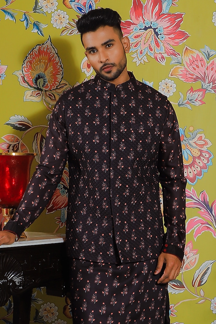 Black Silk & Stretch Cotton Printed Nehru Jacket Set by YAJY By Aditya Jain at Pernia's Pop Up Shop