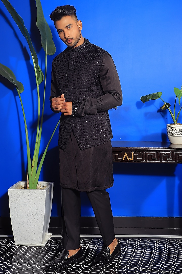 Black Silk & Stretch Cotton Nehru Jacket Set by YAJY By Aditya Jain