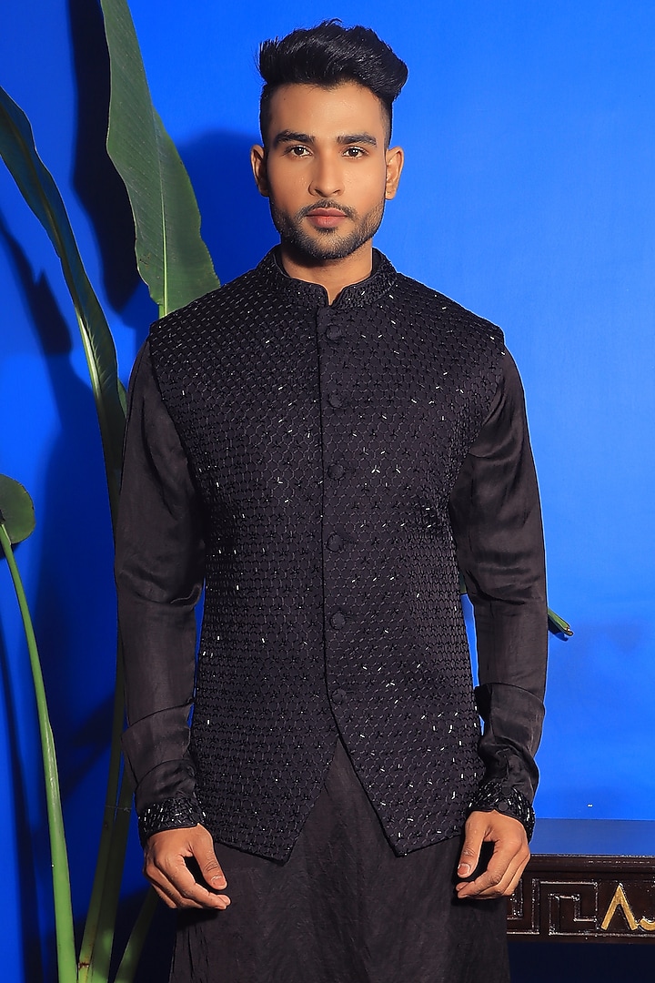 Black Silk & Stretch Cotton Nehru Jacket Set by YAJY By Aditya Jain at Pernia's Pop Up Shop