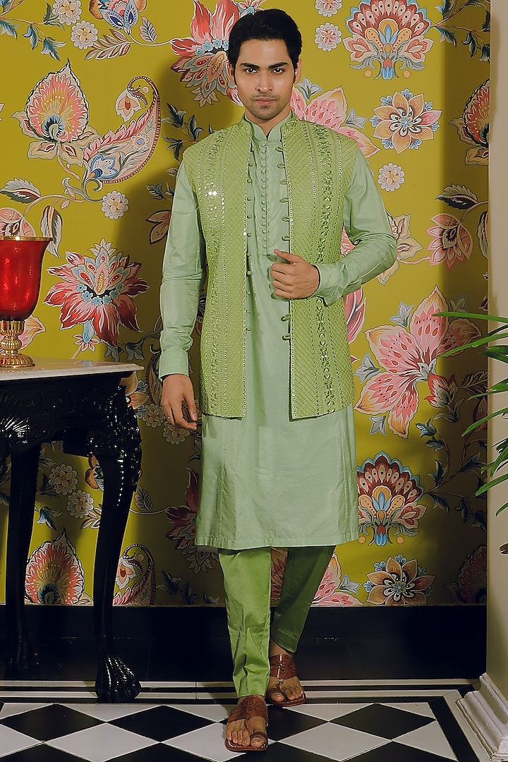 Sage Green Silk & Stretch Cotton Nehru Jacket Set by YAJY By Aditya Jain