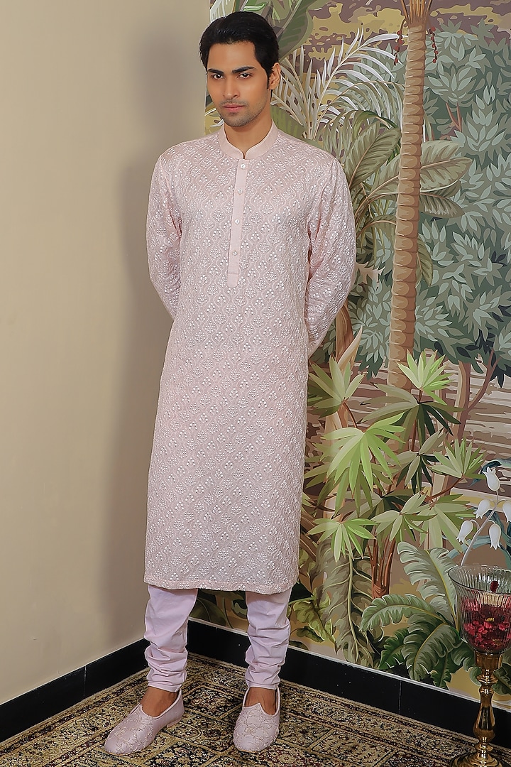Pastel Pink Silk & Stretch Cotton Kurta Set by YAJY By Aditya Jain at Pernia's Pop Up Shop