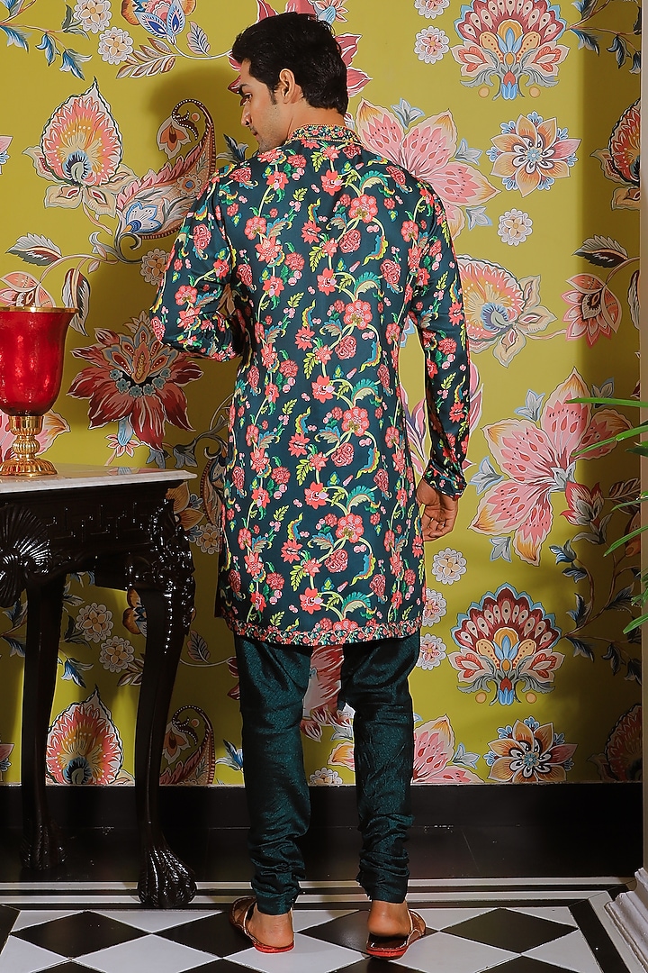 Bottle Green Silk & Stretch Cotton Printed Kurta Set by YAJY By Aditya Jain at Pernia's Pop Up Shop