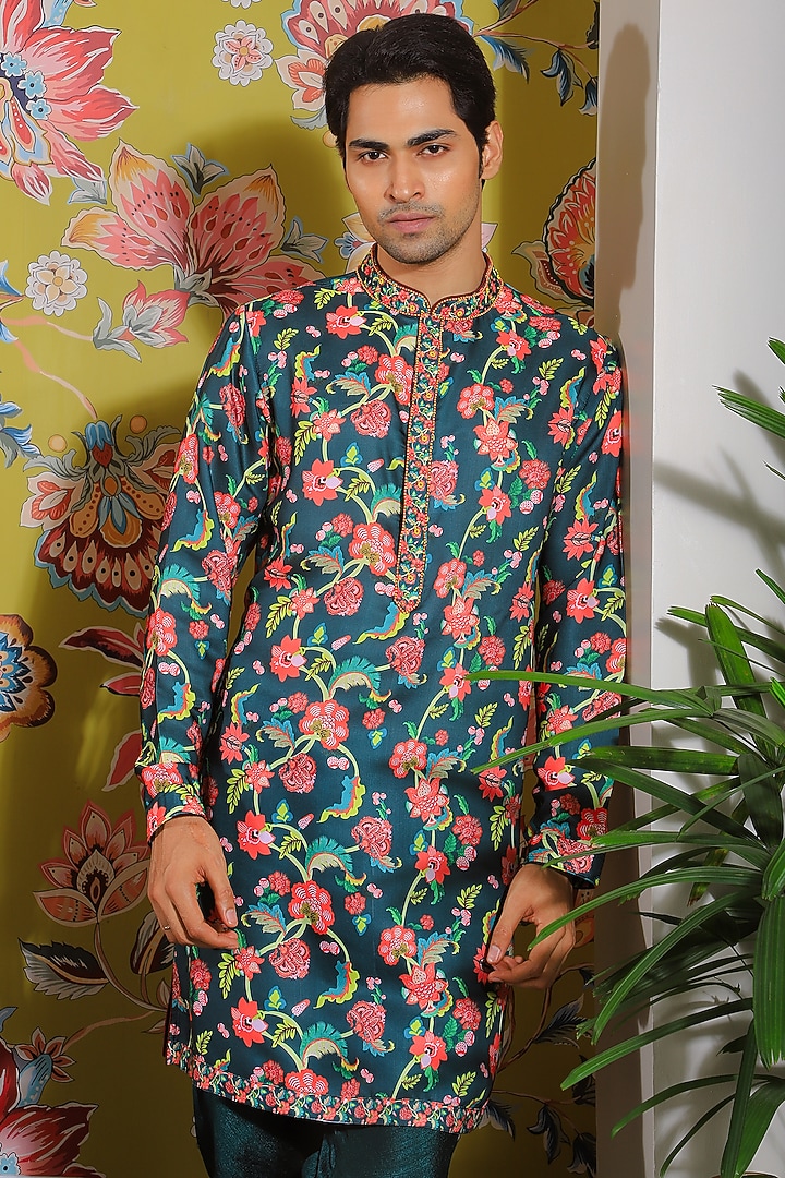 Bottle Green Silk & Stretch Cotton Printed Kurta Set by YAJY By Aditya Jain at Pernia's Pop Up Shop