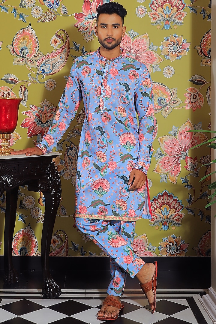 Aqua Blue Silk Printed Kurta Set by YAJY By Aditya Jain