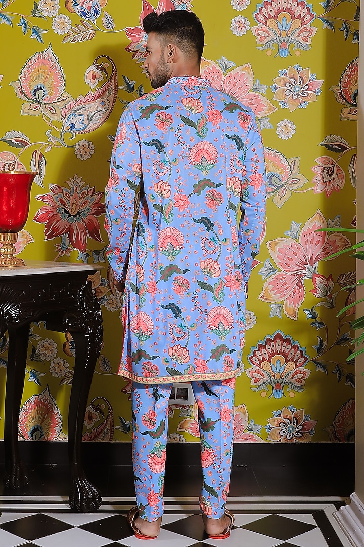 Aqua Blue Silk Printed Kurta Set by YAJY By Aditya Jain at Pernia's Pop Up Shop