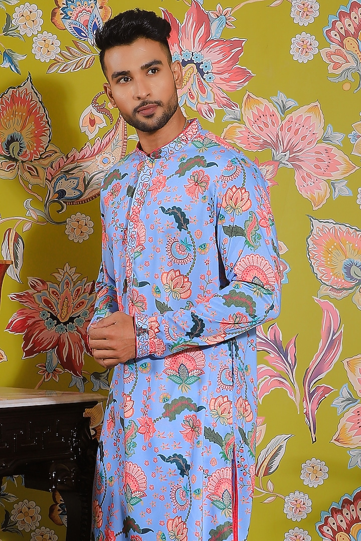 Aqua Blue Silk Printed Kurta Set by YAJY By Aditya Jain at Pernia's Pop Up Shop