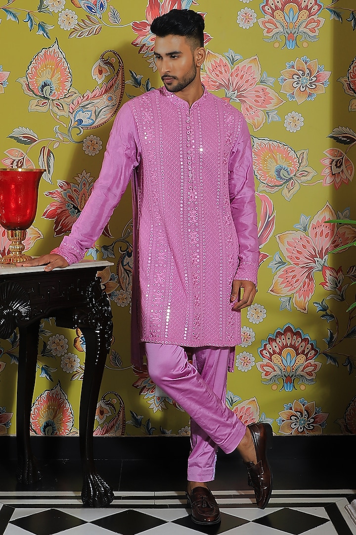 Flamingo Pink Silk & Stretch Cotton Kurta Set With Mirror Work by YAJY By Aditya Jain