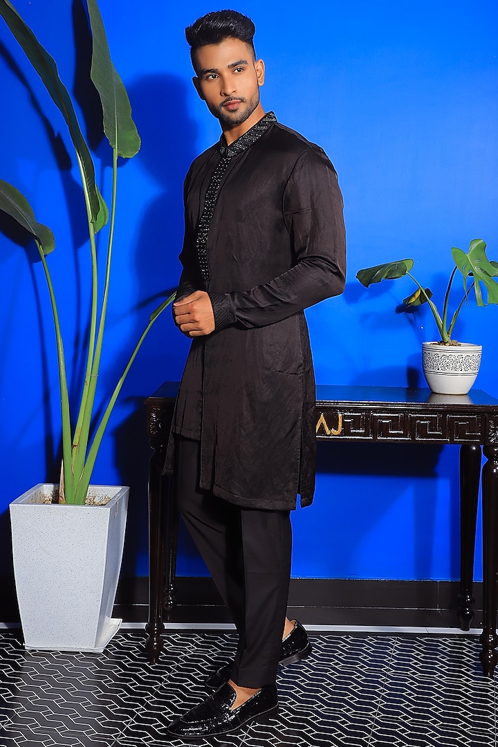 Black Silk & Stretch Cotton High-Low Kurta Set by YAJY By Aditya Jain