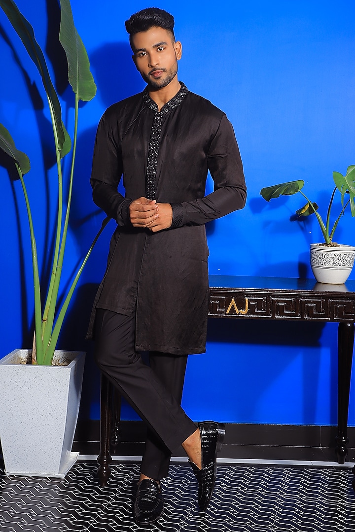 Black Silk & Stretch Cotton High-Low Kurta Set by YAJY By Aditya Jain at Pernia's Pop Up Shop