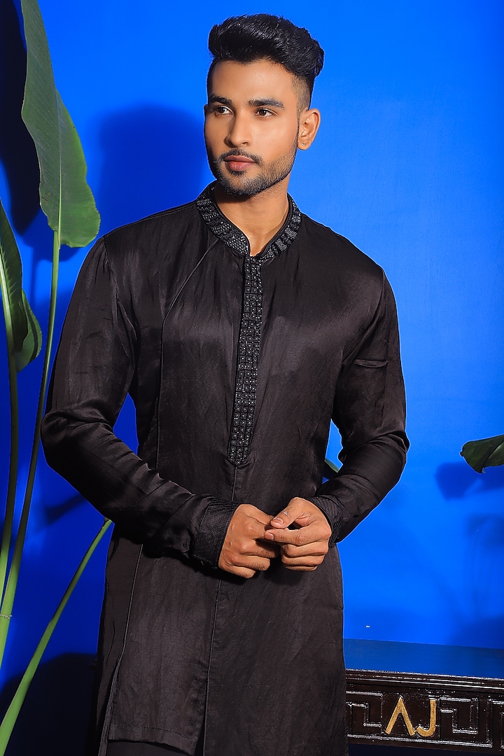 Black Silk & Stretch Cotton High-Low Kurta Set by YAJY By Aditya Jain at Pernia's Pop Up Shop