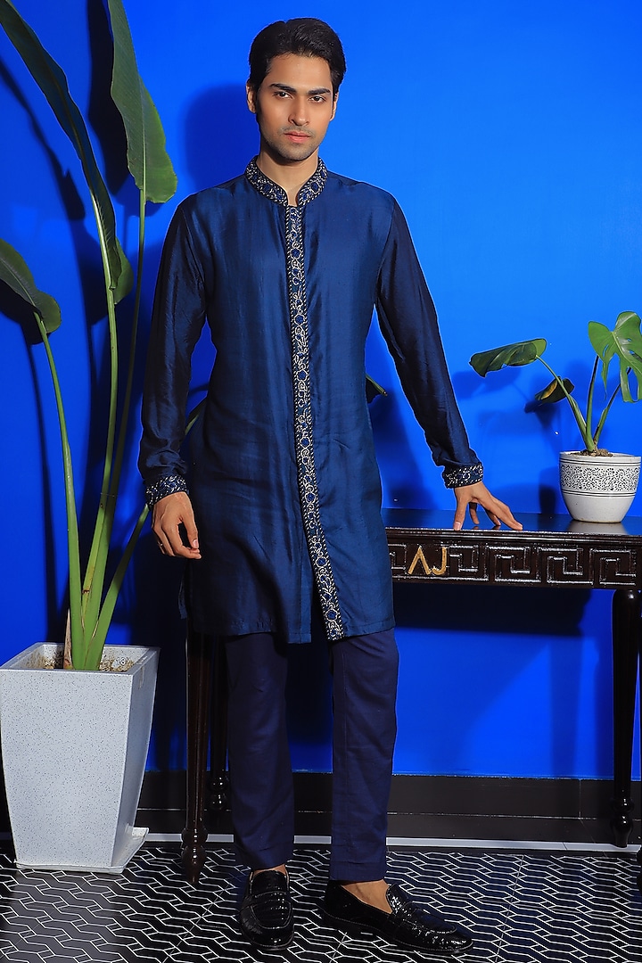 Prussian Blue Linen Satin & Stretch Cotton Embroidered Kurta Set by YAJY By Aditya Jain