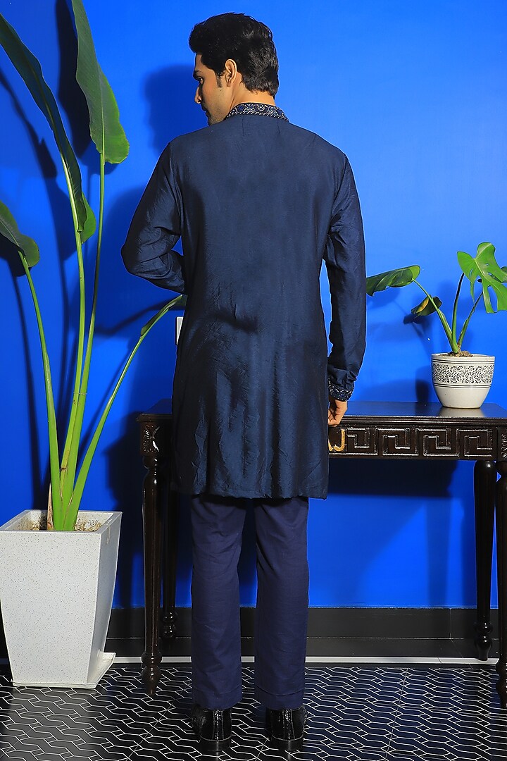 Prussian Blue Linen Satin & Stretch Cotton Embroidered Kurta Set by YAJY By Aditya Jain at Pernia's Pop Up Shop