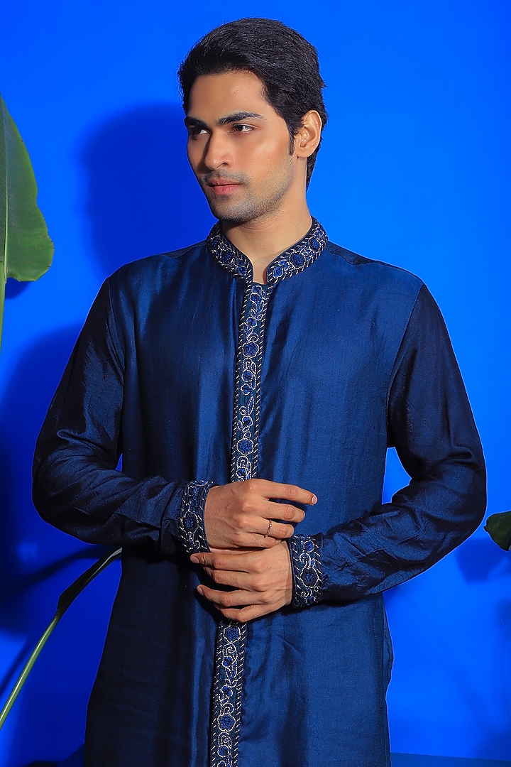 Prussian Blue Linen Satin & Stretch Cotton Embroidered Kurta Set by YAJY By Aditya Jain at Pernia's Pop Up Shop