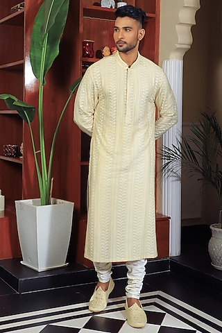 Beige Silk & Stretch Cotton Embroidered Kurta Set by YAJY By Aditya Jain