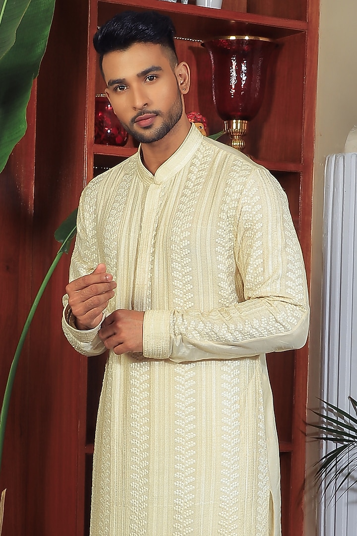 Beige Silk & Stretch Cotton Embroidered Kurta Set by YAJY By Aditya Jain at Pernia's Pop Up Shop