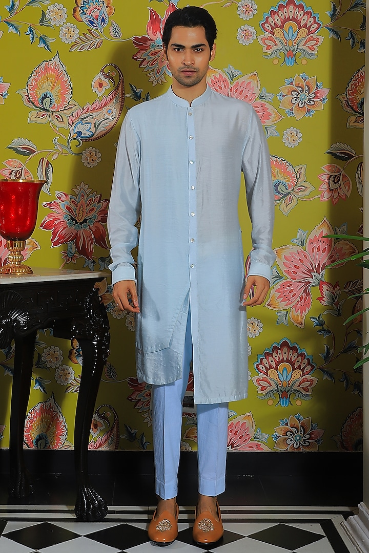 Powder Blue Linen Satin & Stretch Cotton Embroidered Kurta Set by YAJY By Aditya Jain