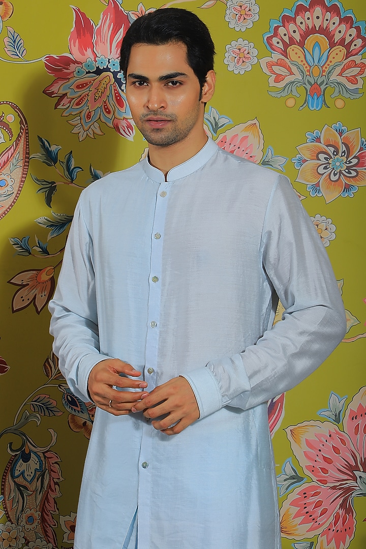 Powder Blue Linen Satin & Stretch Cotton Embroidered Kurta Set by YAJY By Aditya Jain at Pernia's Pop Up Shop