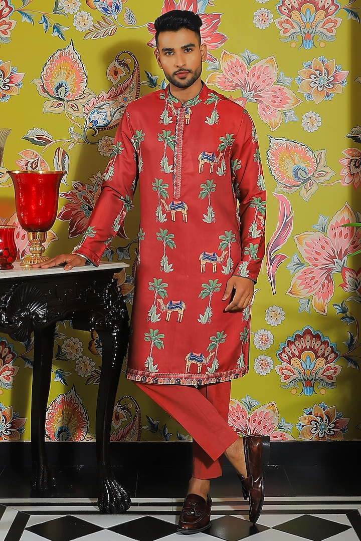 Rustic Red Silk & Stretch Cotton Printed Kurta Set by YAJY By Aditya Jain