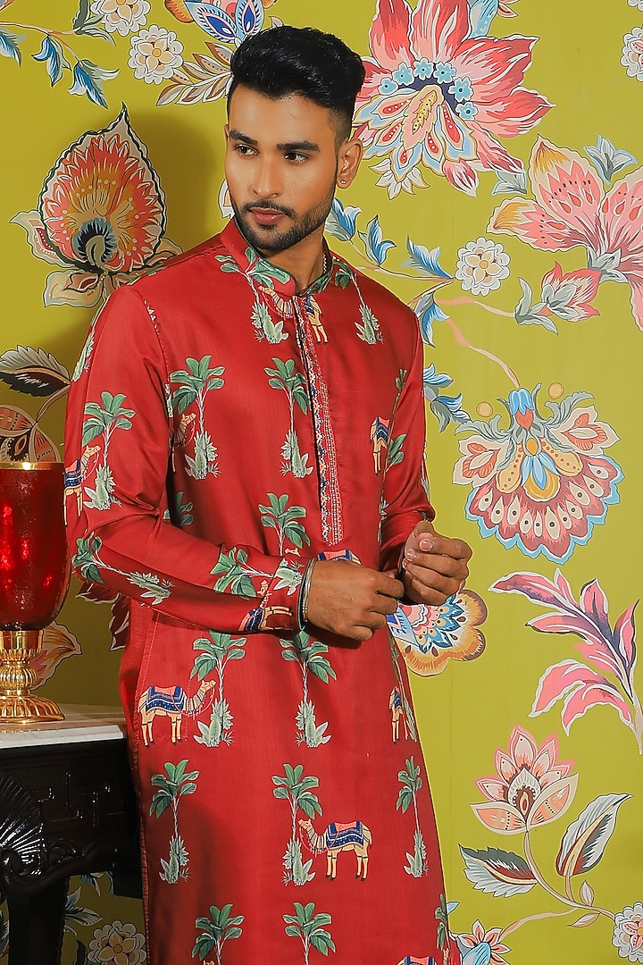 Rustic Red Silk & Stretch Cotton Printed Kurta Set by YAJY By Aditya Jain at Pernia's Pop Up Shop