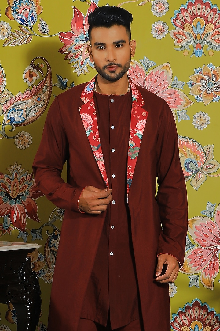 Red Wine Silk & Stretch Cotton Double Layered Kurta Set by YAJY By Aditya Jain at Pernia's Pop Up Shop