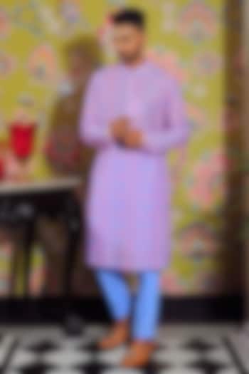 Blue & Pink Silk & Stretch Cotton Printed Kurta Set by YAJY By Aditya Jain