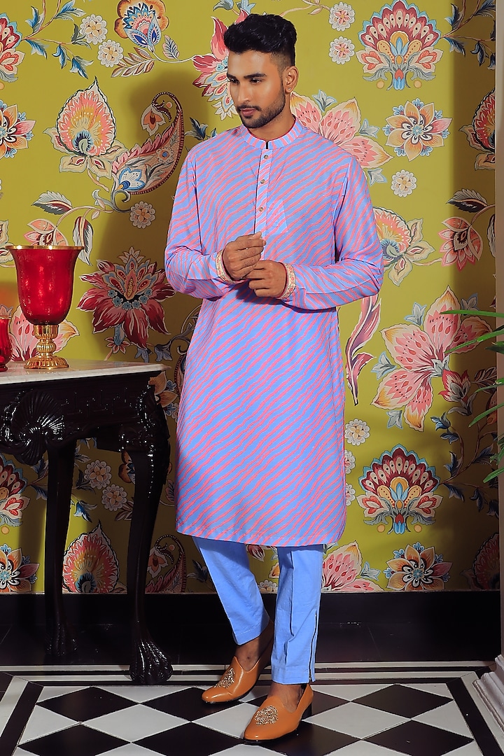 Blue & Pink Silk & Stretch Cotton Printed Kurta Set by YAJY By Aditya Jain