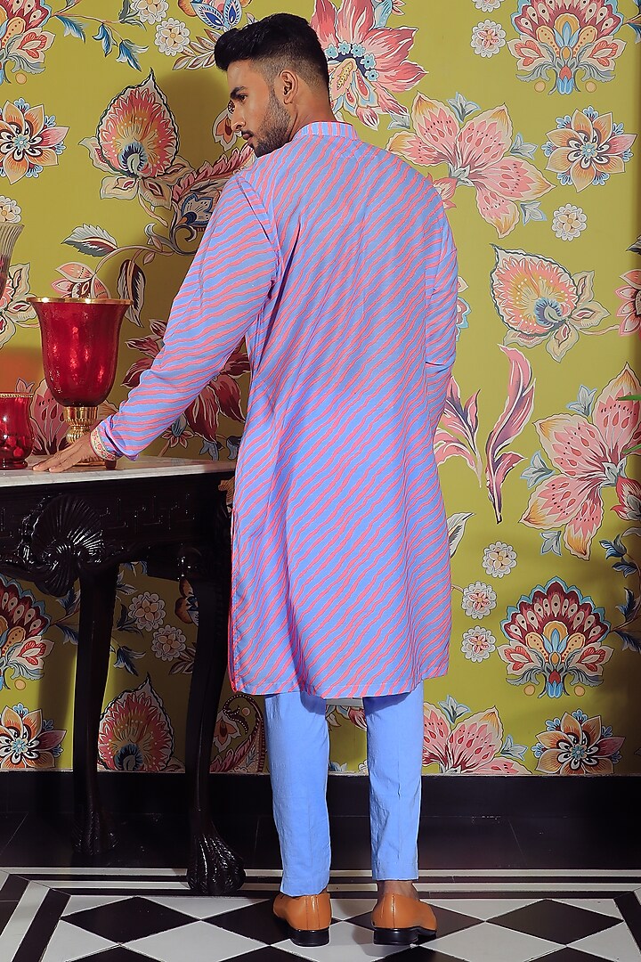 Blue & Pink Silk & Stretch Cotton Printed Kurta Set by YAJY By Aditya Jain at Pernia's Pop Up Shop