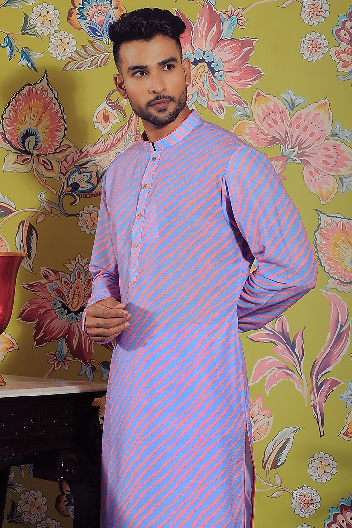 Blue & Pink Silk & Stretch Cotton Printed Kurta Set by YAJY By Aditya Jain at Pernia's Pop Up Shop