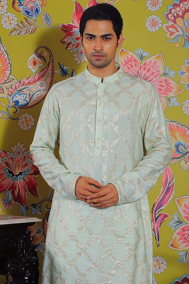 Mint Green Banarasi & Stretch Cotton Kurta Set by YAJY By Aditya Jain at Pernia's Pop Up Shop