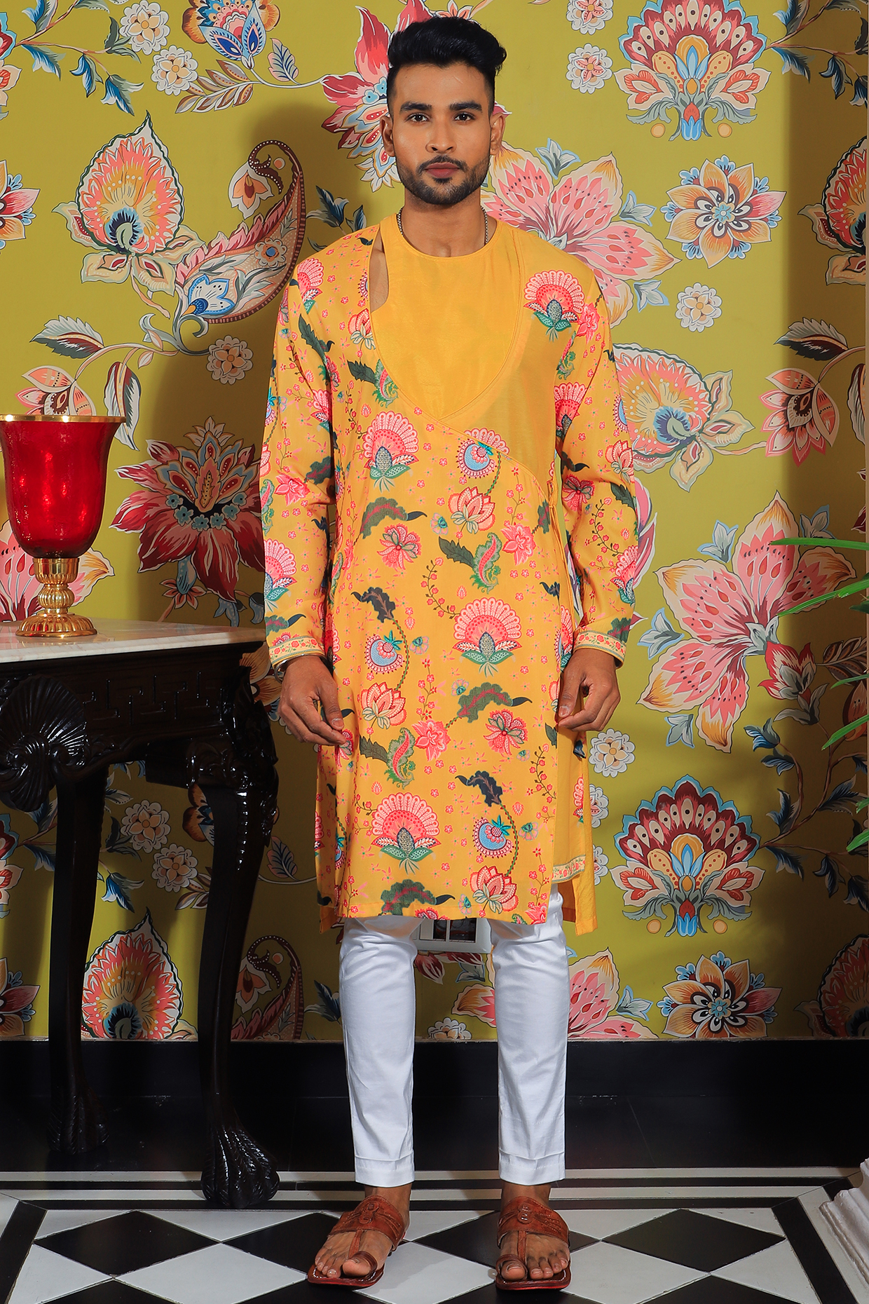 Mustard Yellow Silk & Stretch Cotton Printed Kurta Set by YAJY By Aditya Jain
