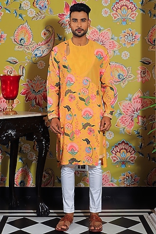 Mustard Yellow Silk & Stretch Cotton Printed Kurta Set by YAJY By Aditya Jain