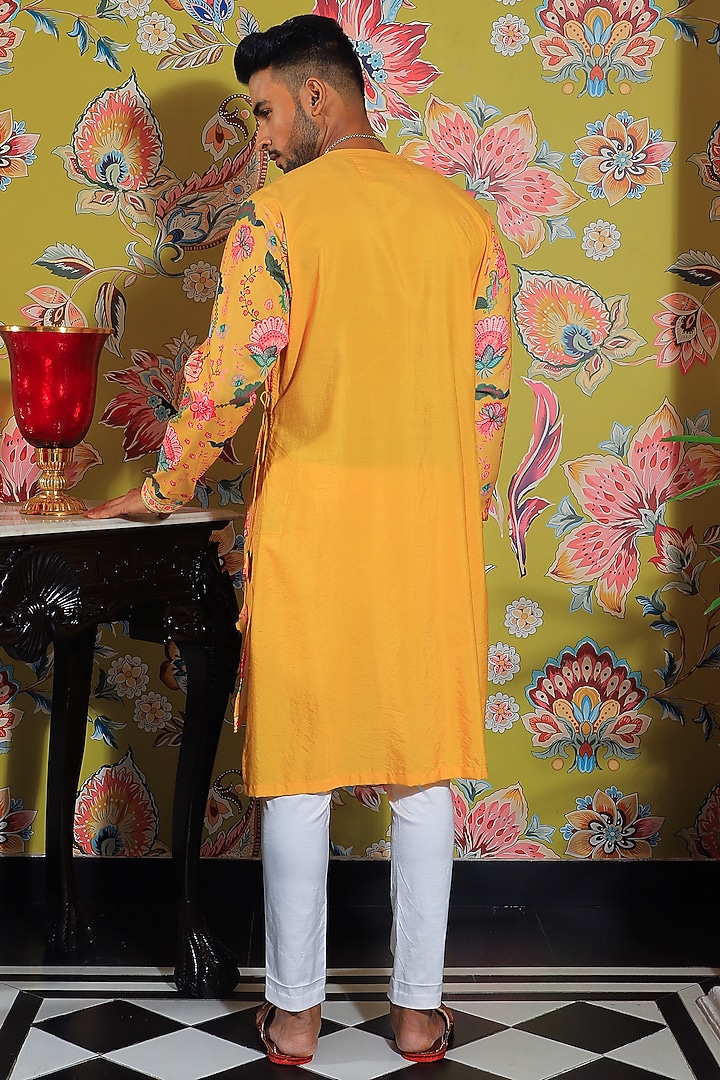 Mustard Yellow Silk & Stretch Cotton Printed Kurta Set by YAJY By Aditya Jain at Pernia's Pop Up Shop