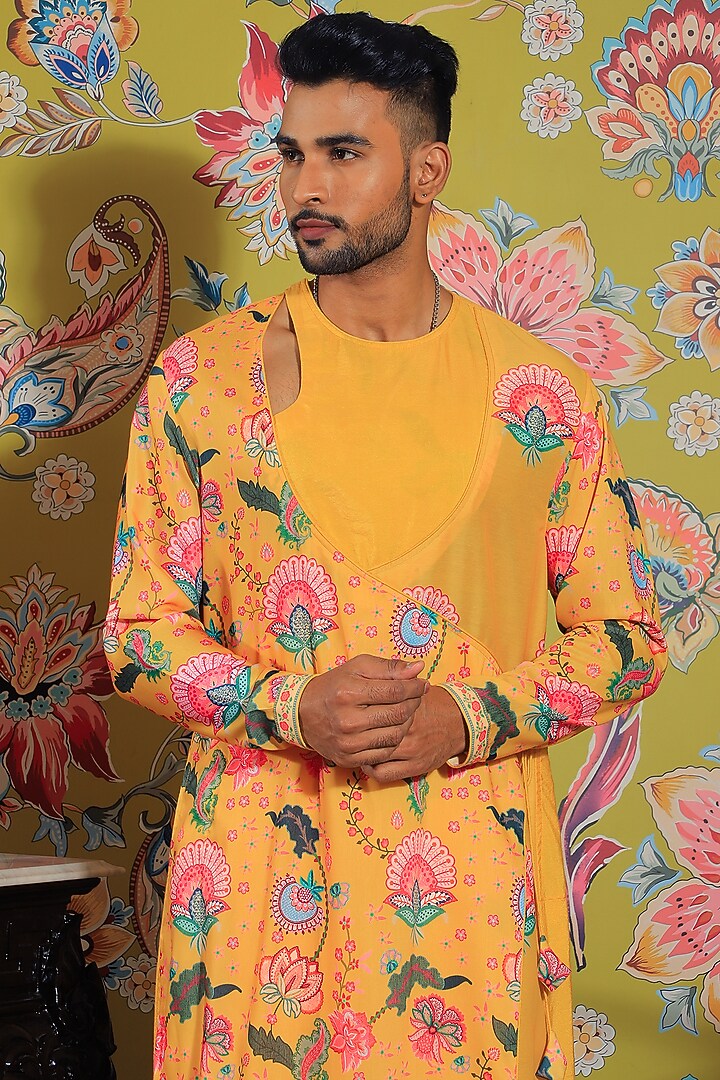 Mustard Yellow Silk & Stretch Cotton Printed Kurta Set by YAJY By Aditya Jain at Pernia's Pop Up Shop