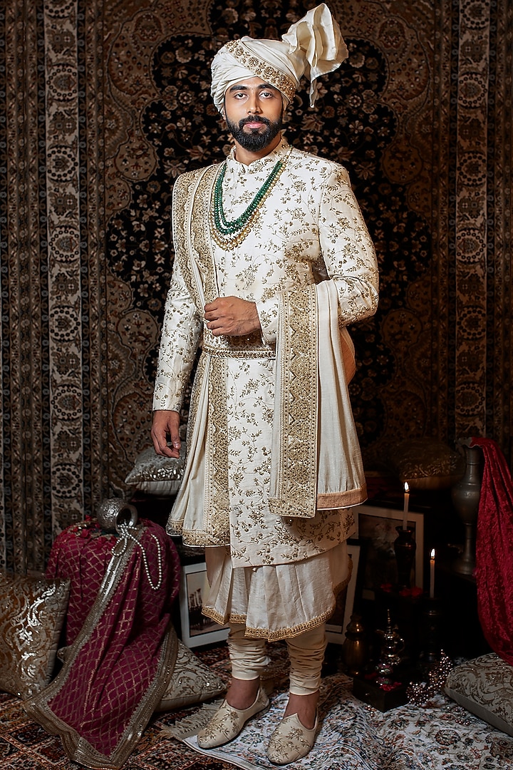Ivory Raw Silk Jaal Embroidered Groom Sherwani Set by YAJY By Aditya Jain at Pernia's Pop Up Shop
