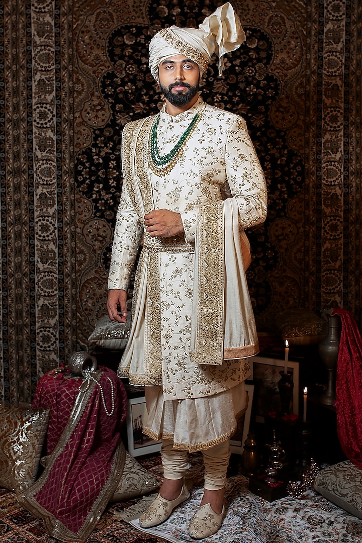 Ivory Jaal Embroidered Sherwani Set by YAJY By Aditya Jain